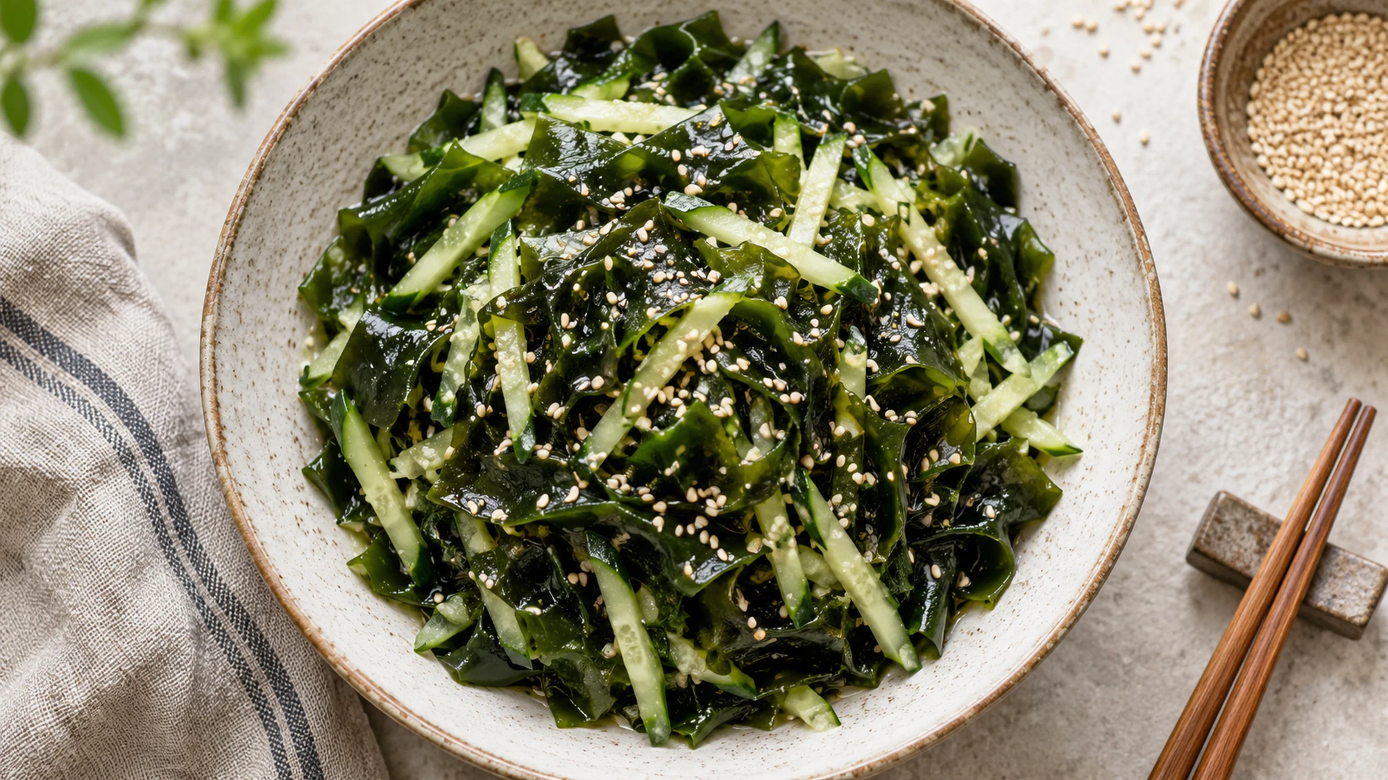 Overhead view of seaweed salad with its finished ingredients visible.