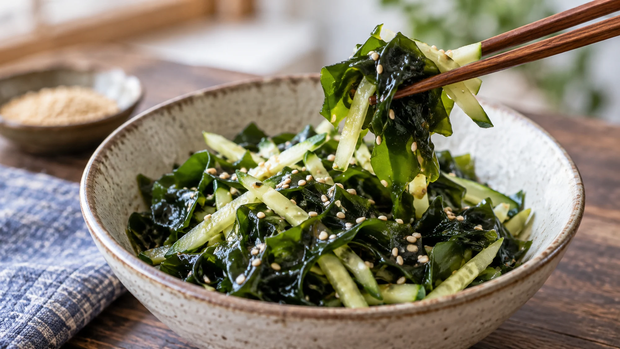Close serving detail of seaweed salad.