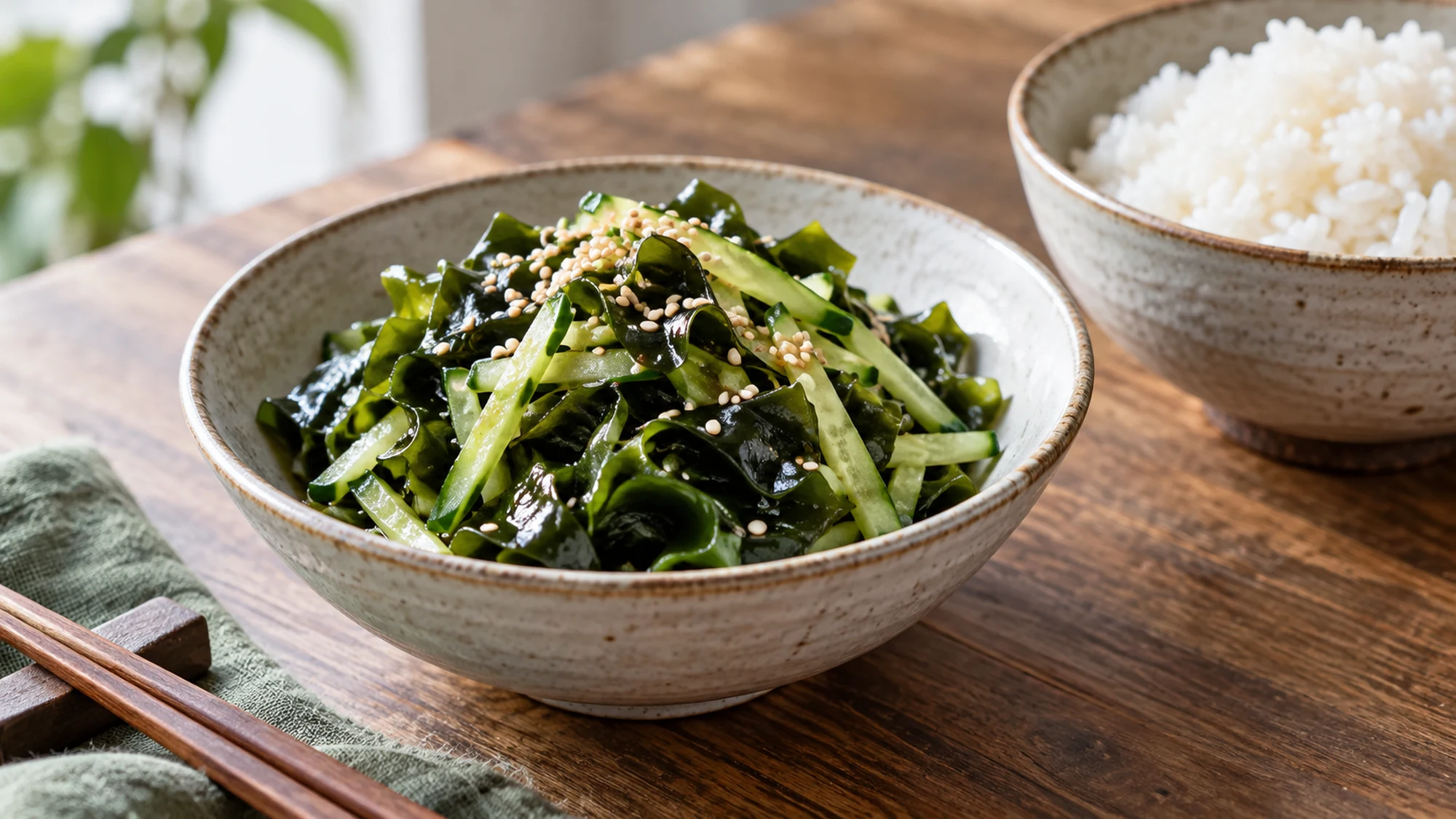 seaweed salad arranged for serving on a simple home table.