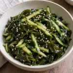 Square close-up of the finished seaweed salad.