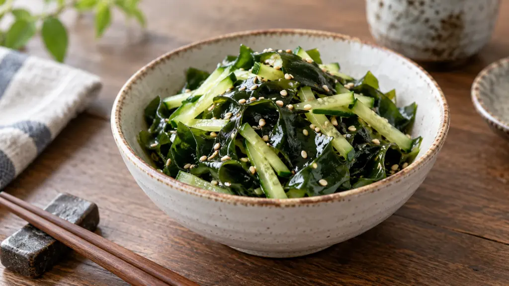 seaweed salad served fresh, showing Tender wakame and crisp cucumber tossed with a bright sesame miso dressing.