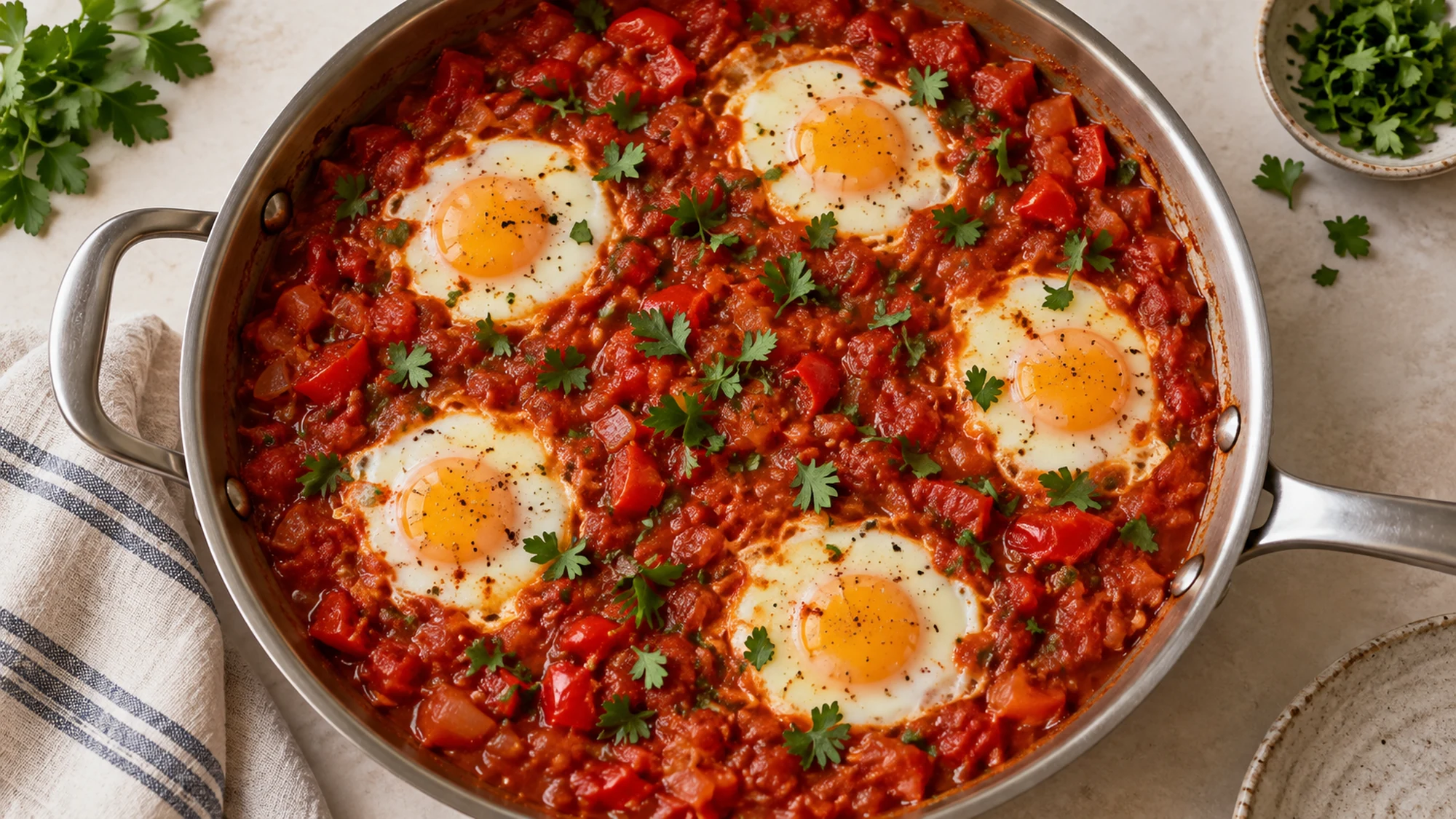 Overhead view of six eggs in chunky tomato and red pepper shakshuka sauce
