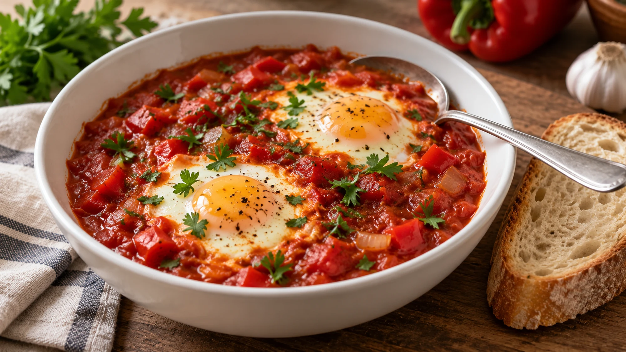 Two shakshuka eggs in thick tomato sauce in a white bowl beside crusty bread