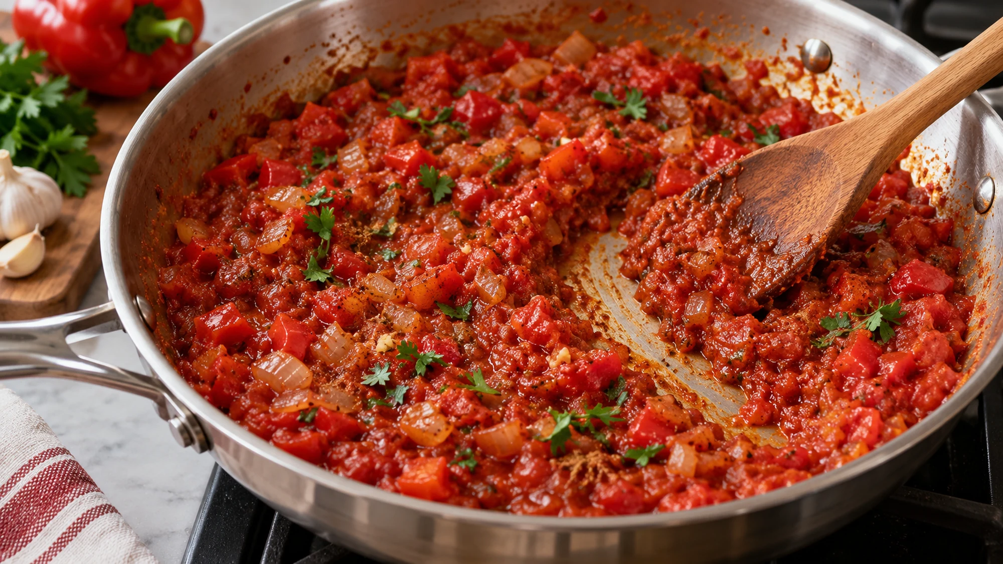 A wooden spoon leaves a trail through reduced tomato, red pepper and onion sauce