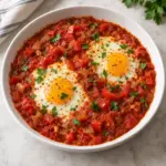 A square view of two shakshuka eggs with tomato, red pepper and parsley in a white bowl