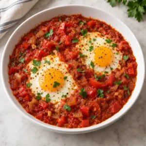 A square view of two shakshuka eggs with tomato, red pepper and parsley in a white bowl
