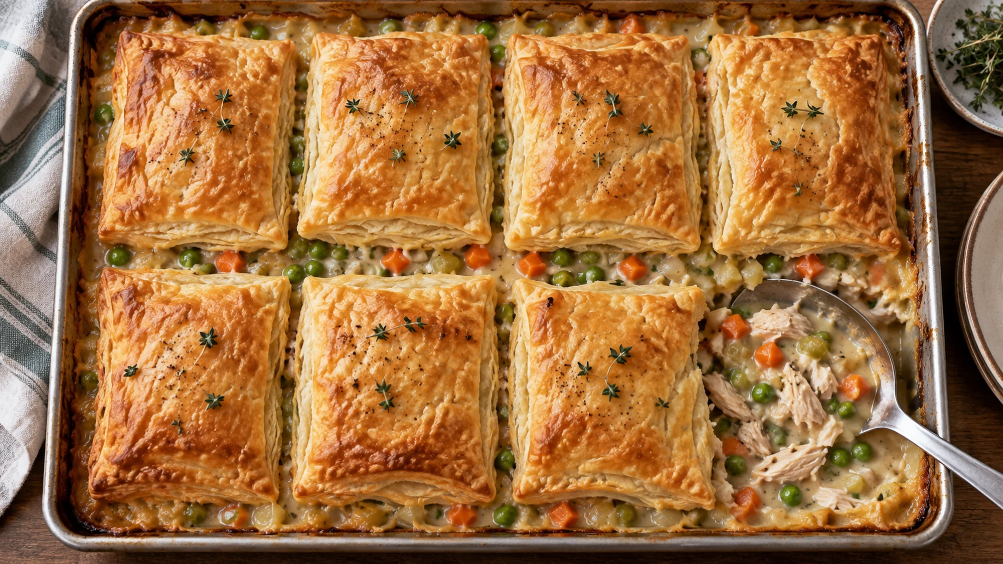 Overhead view of chicken pot pie in a rimmed sheet pan, with golden pastry pieces over creamy chicken, carrots, celery and peas.