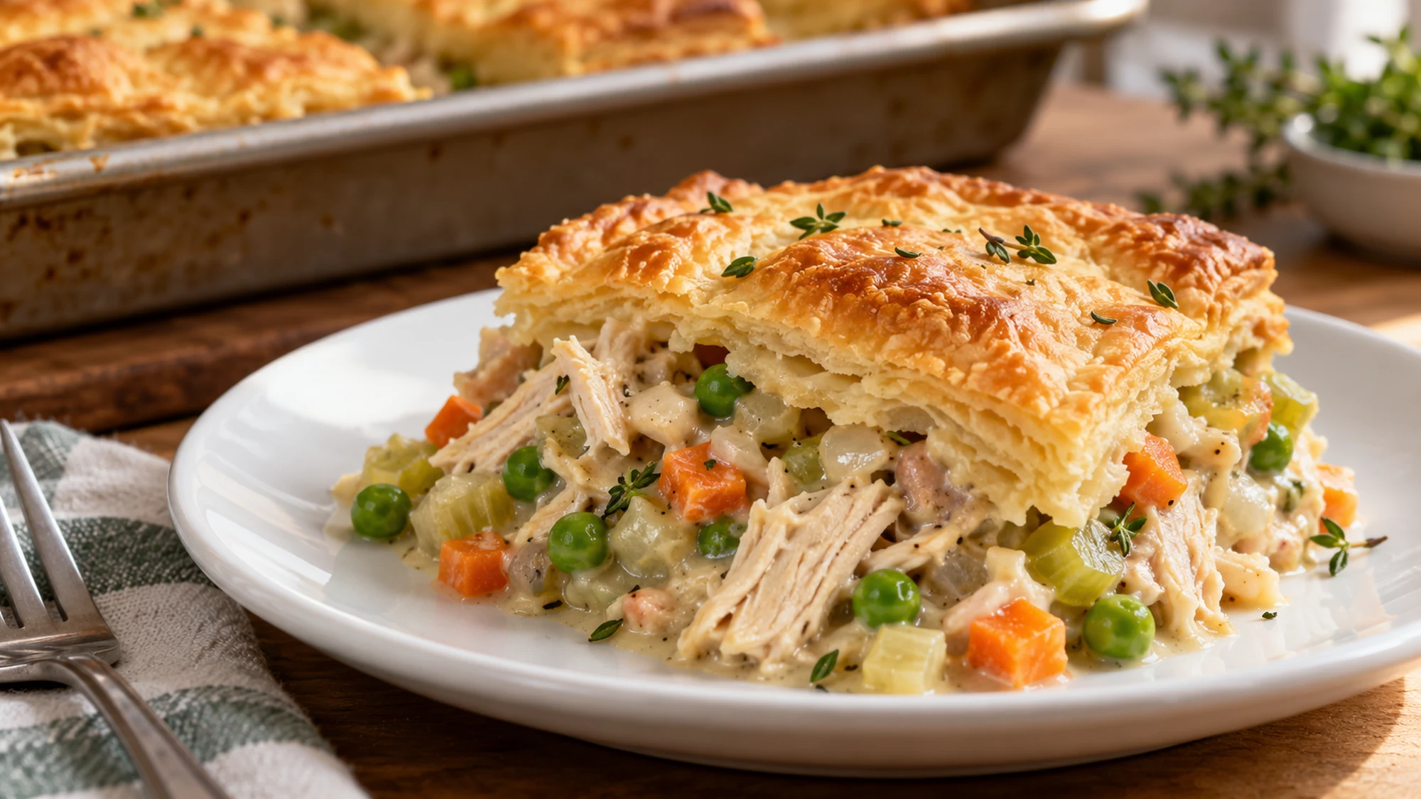 A single serving of sheet-pan chicken pot pie with flaky golden pastry and creamy chicken and vegetable filling.