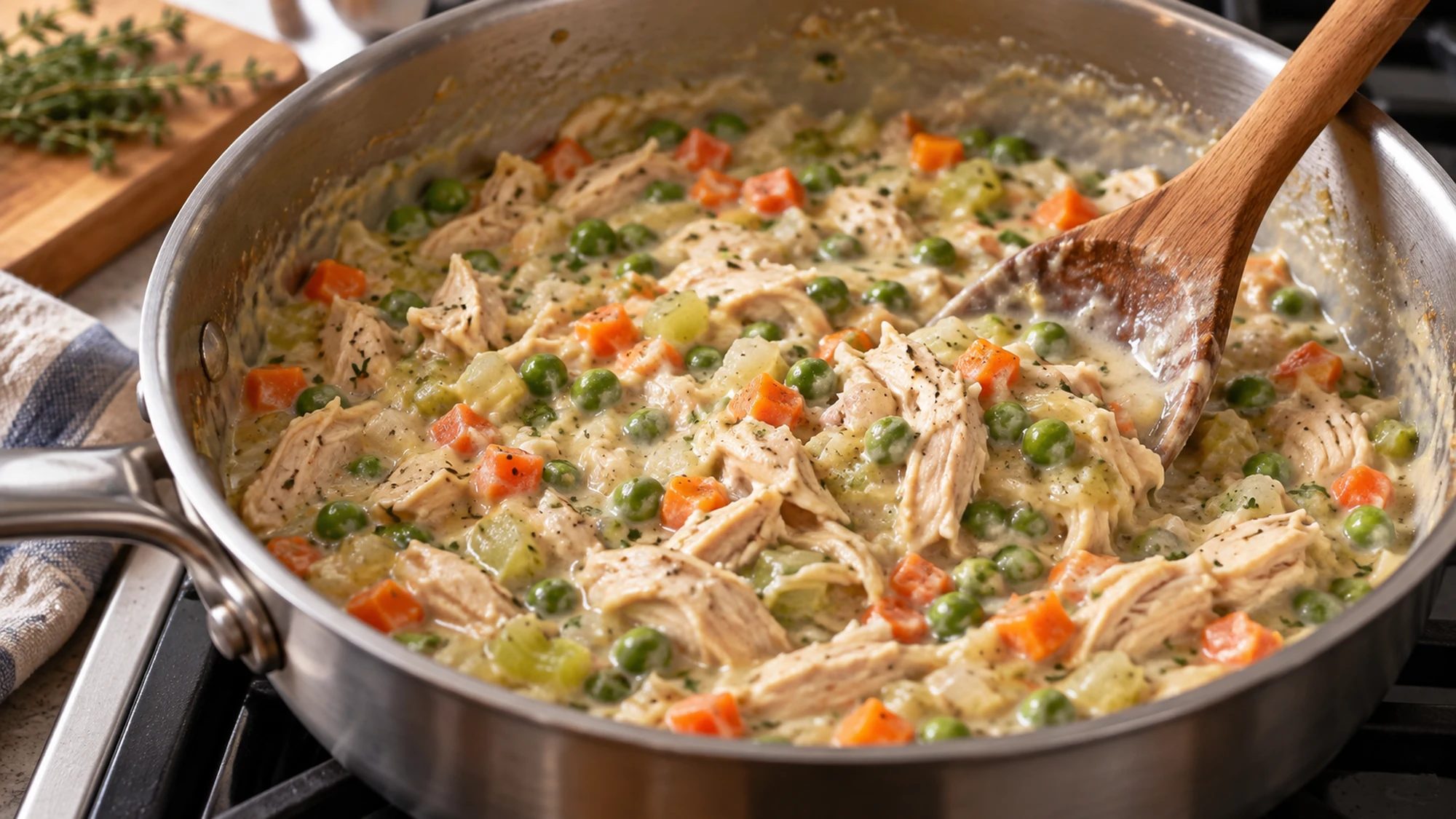 Chicken, carrots, celery and peas simmer in creamy gravy in a saucepan before the filling goes into the sheet pan.