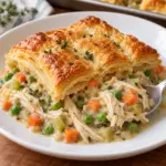 Square view of sheet pan chicken pot pie showing golden flaky pastry and a serving spoon revealing the creamy chicken and vegetable filling