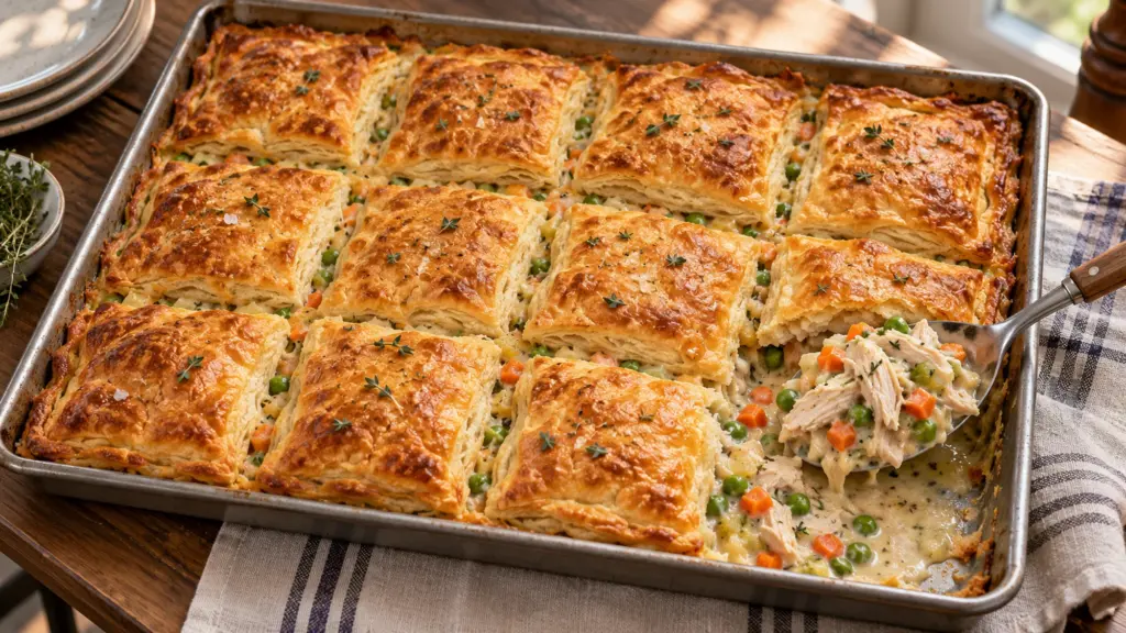 sheet pan chicken pot pie showing golden flaky pastry and a serving spoon revealing the creamy chicken and vegetable filling
