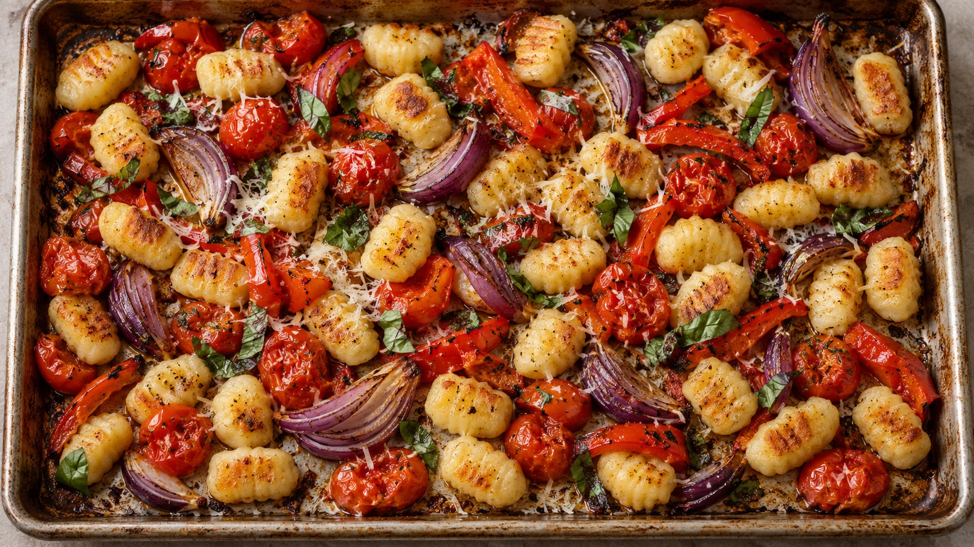 Roasted gnocchi with blistered cherry tomatoes, red pepper and onion on a sheet pan, finished with basil and grated Parmesan.