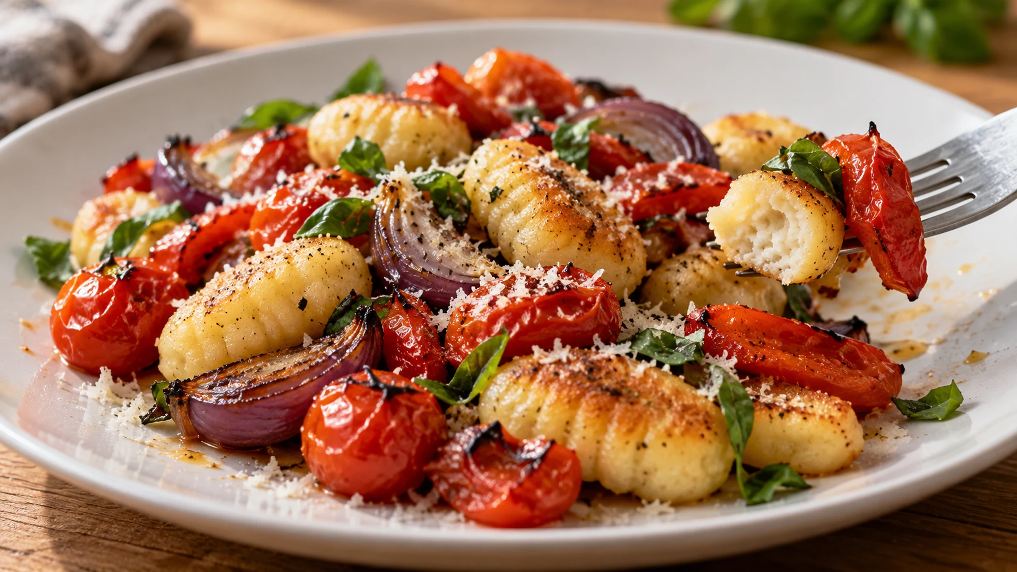 A fork lifts a browned gnocchi from the serving, showing its soft center beside roasted tomatoes, peppers and onion.