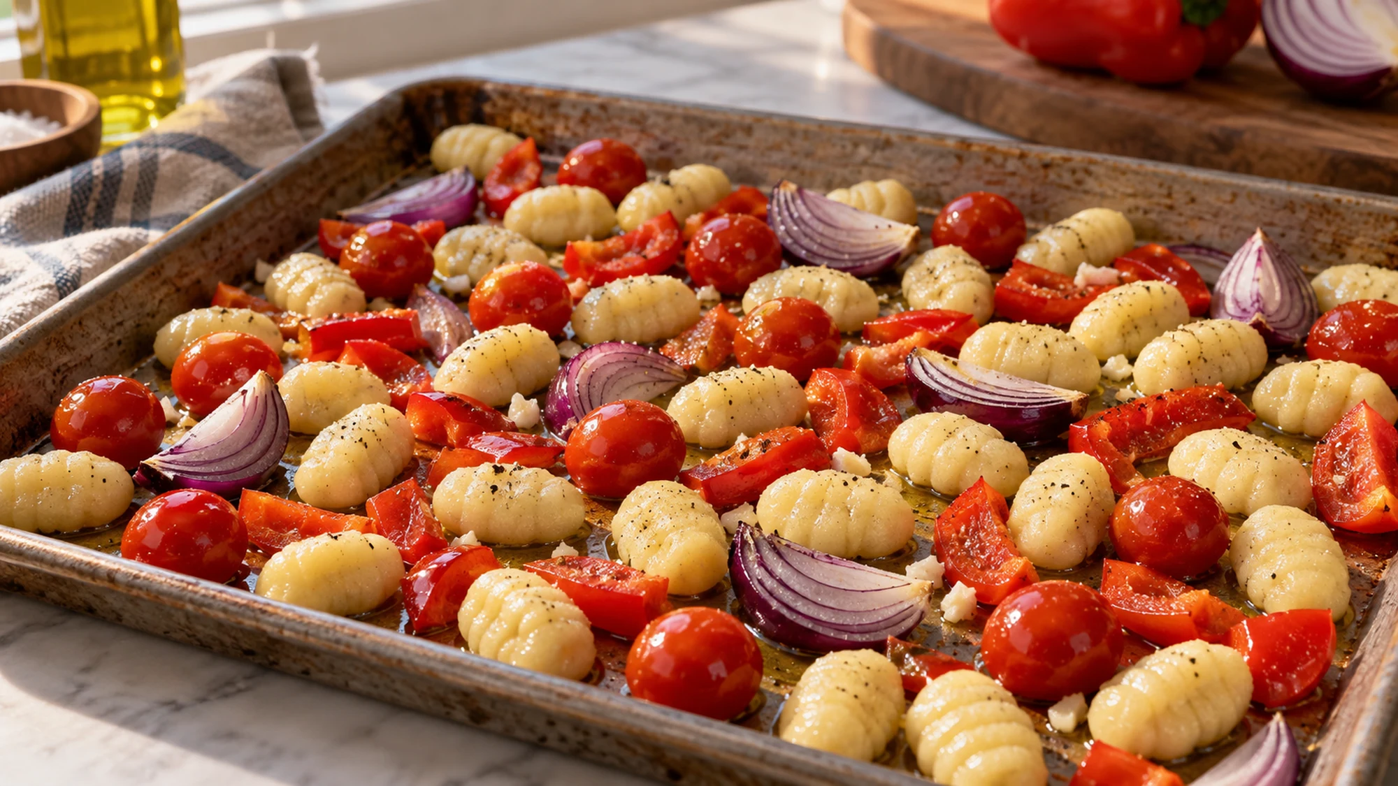 Unbaked gnocchi, cherry tomatoes, red pepper and red onion are arranged on a sheet pan before roasting.