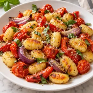 Square view of sheet-pan gnocchi showing golden gnocchi edges and juicy burst tomatoes