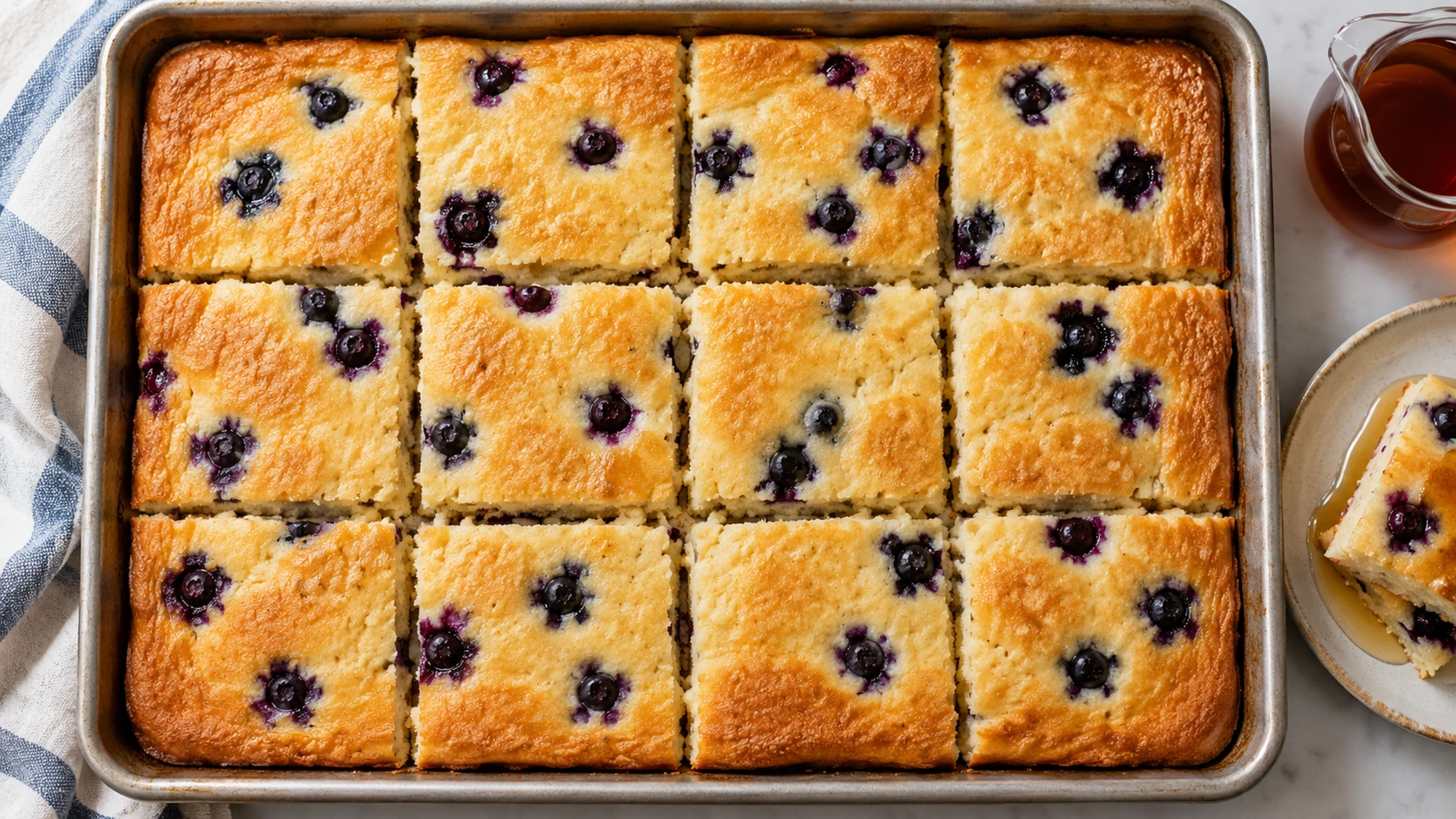 Blueberry pancake squares baked together in a sheet pan, with golden edges and blueberries across the top.