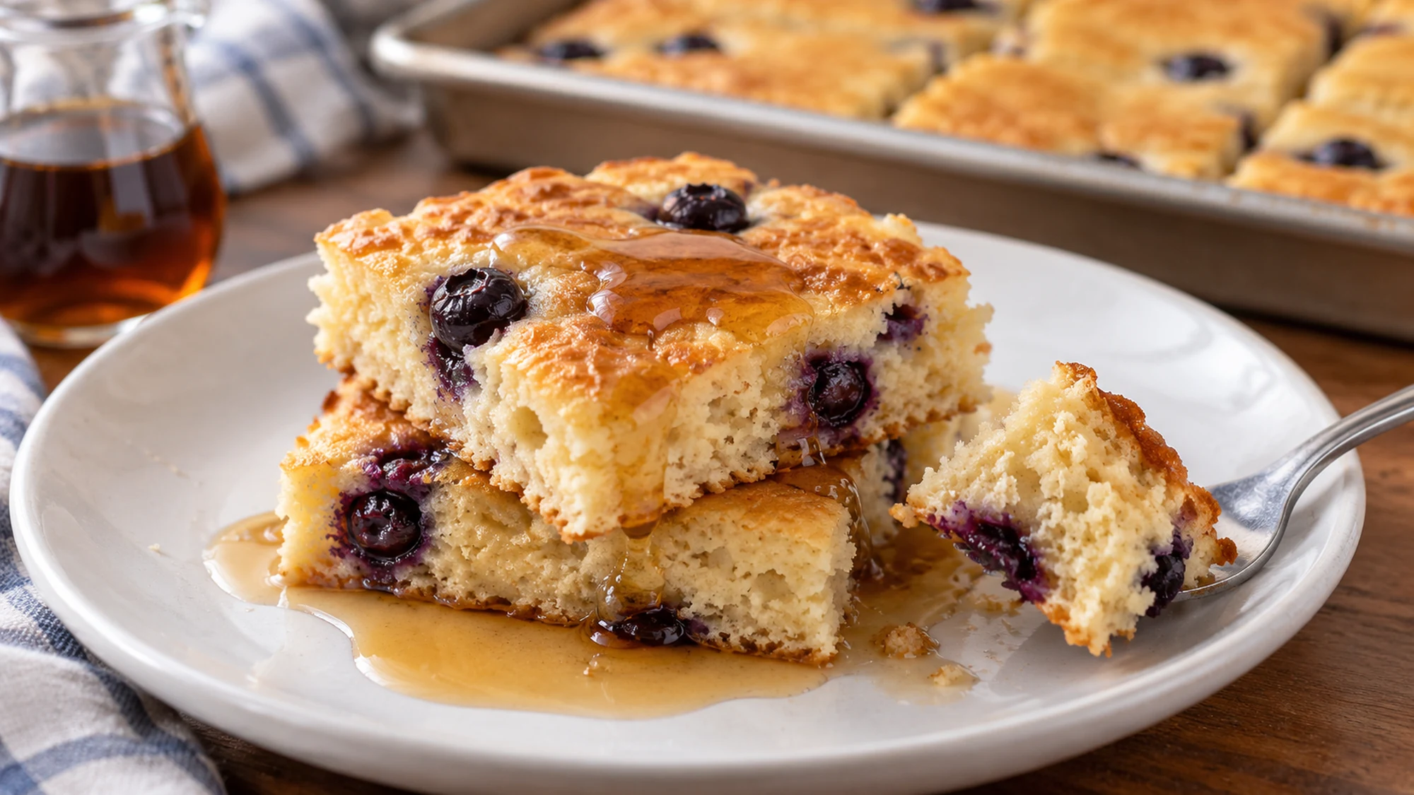 Two blueberry pancake squares stacked on a plate with syrup and a spoonful of pancake above them.