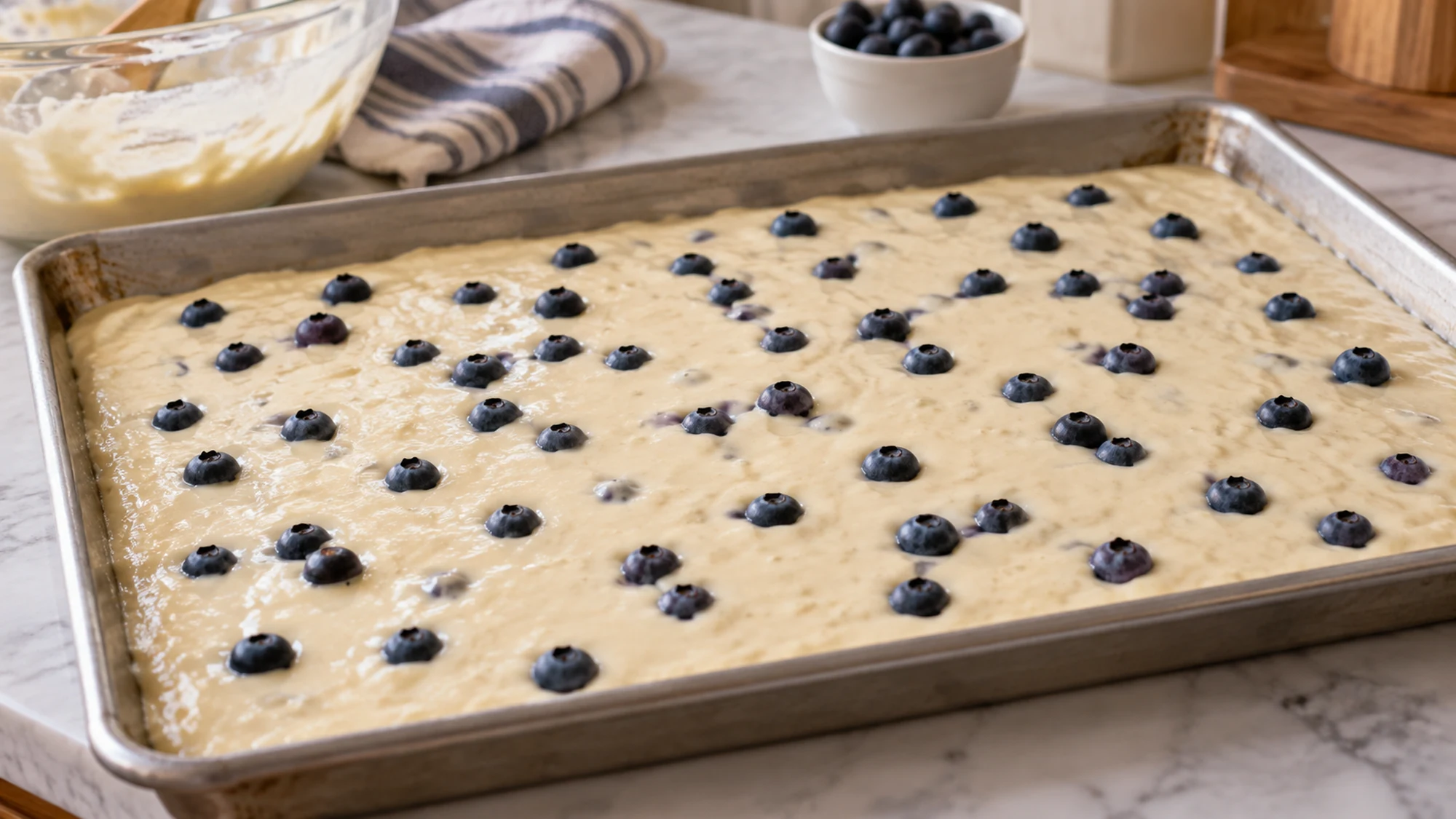 Pancake batter spread in a sheet pan with blueberries scattered over the surface before baking.