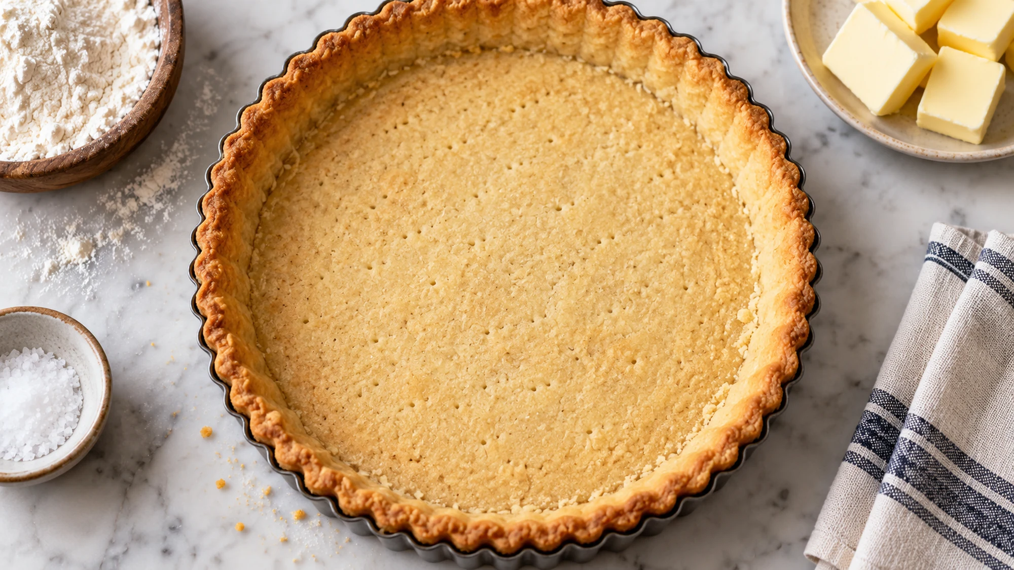 Overhead view of shortcrust pastry recipe showing a golden fluted shortcrust shell with delicate crumbly edges