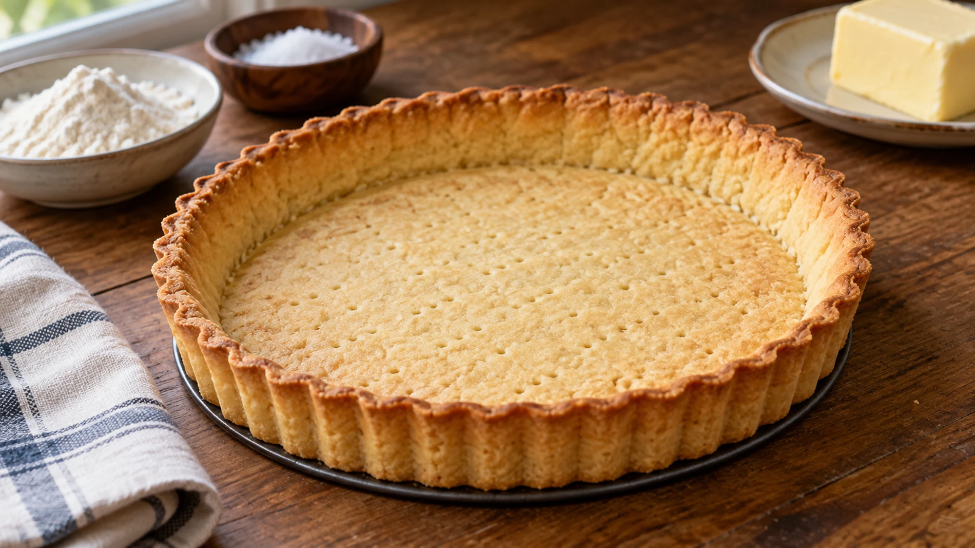 Close serving view of shortcrust pastry recipe showing a golden fluted shortcrust shell with delicate crumbly edges