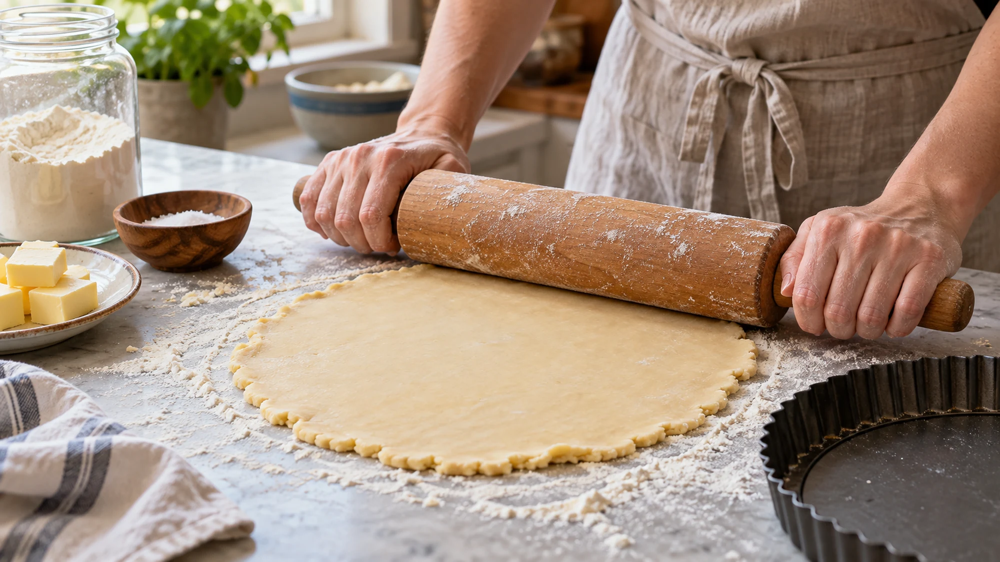 Rolling cold shortcrust pastry dough on a lightly floured surface beside a fluted tart pan