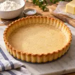 shortcrust pastry recipe showing a golden fluted shortcrust shell with delicate crumbly edges