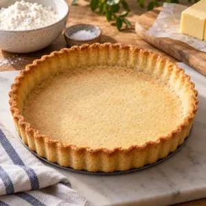 shortcrust pastry recipe showing a golden fluted shortcrust shell with delicate crumbly edges