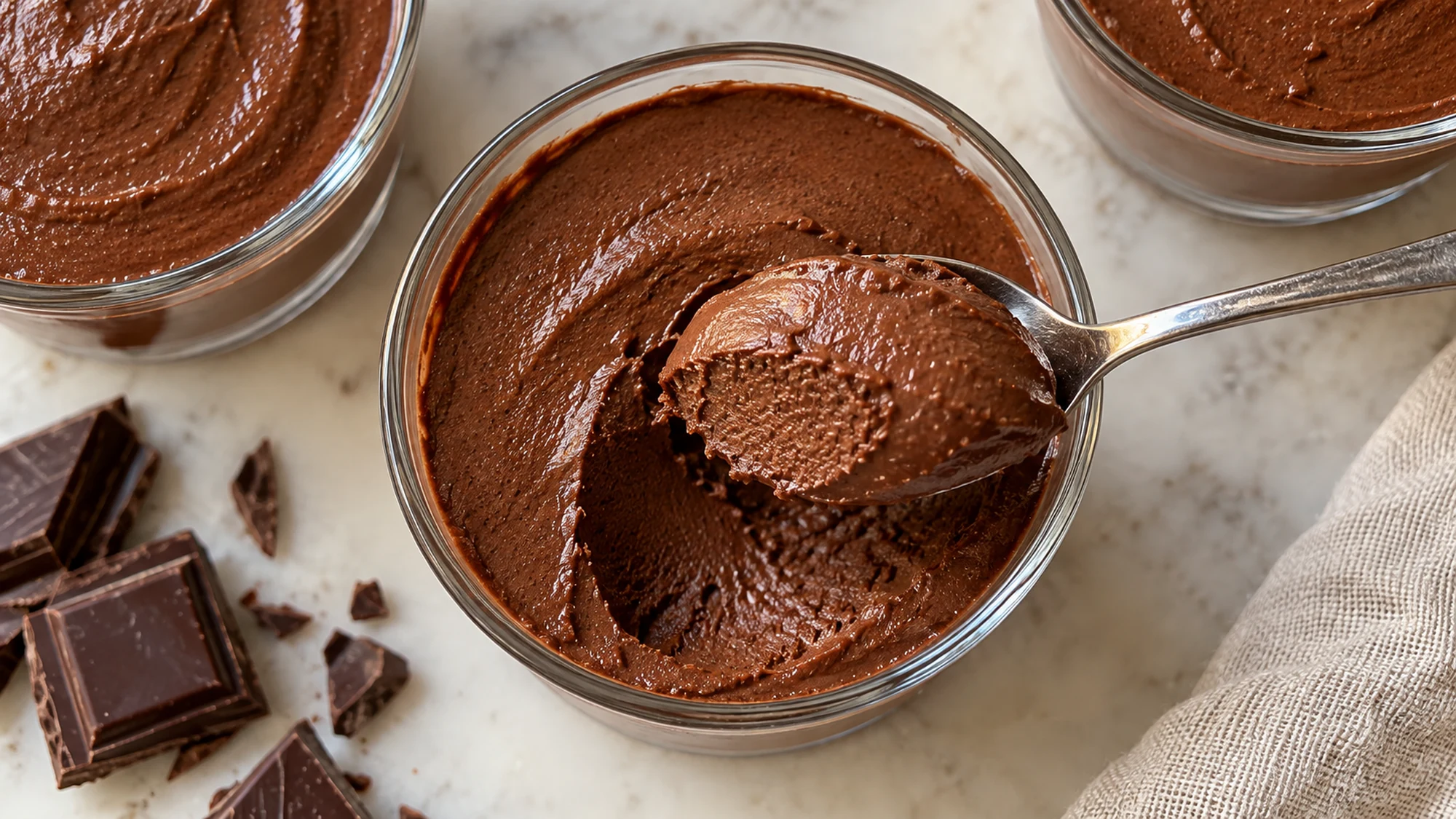 Overhead view of silken tofu chocolate mousse showing a spoon revealing the silky dense chocolate texture
