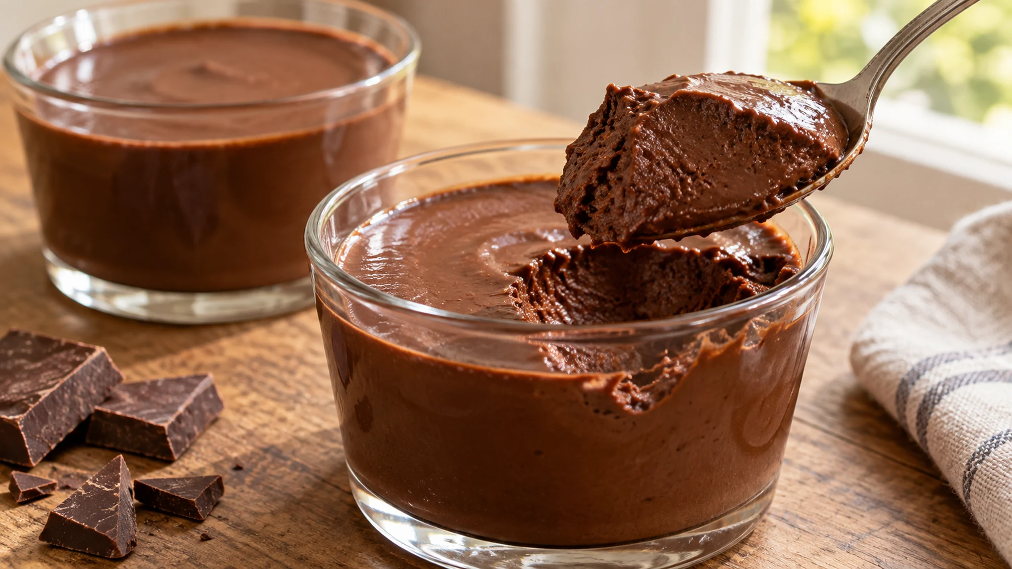 Close serving view of silken tofu chocolate mousse showing a spoon revealing the silky dense chocolate texture