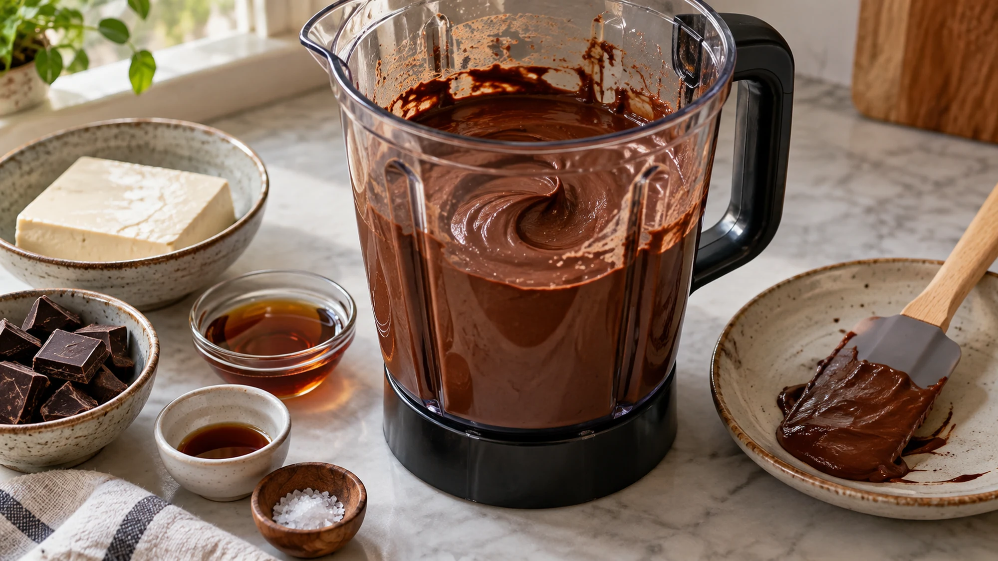 Smooth silken tofu chocolate mousse blended with melted dark chocolate in a blender jug