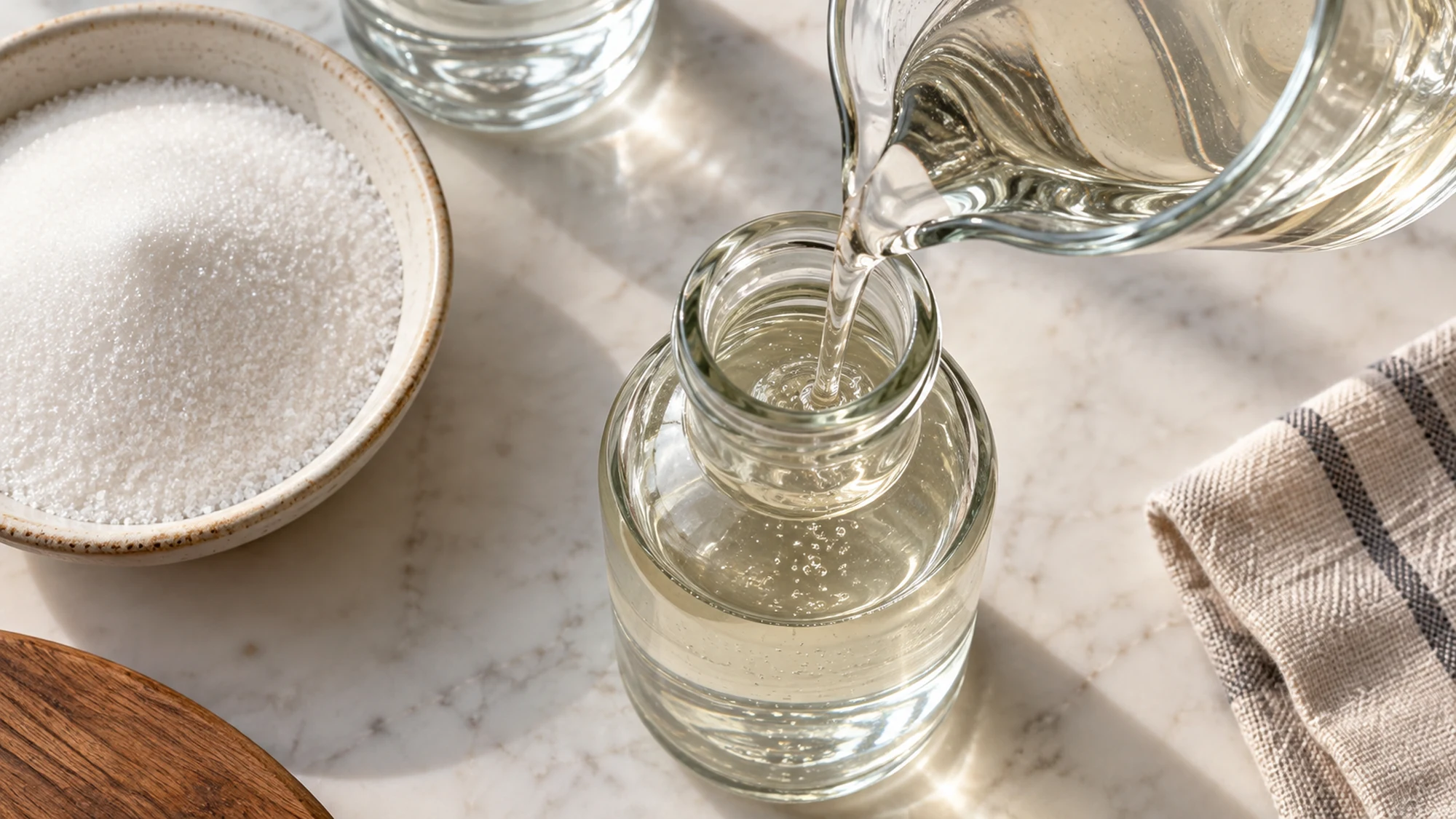 Overhead view of simple syrup recipe showing a clear glossy syrup stream pouring from a small glass jug