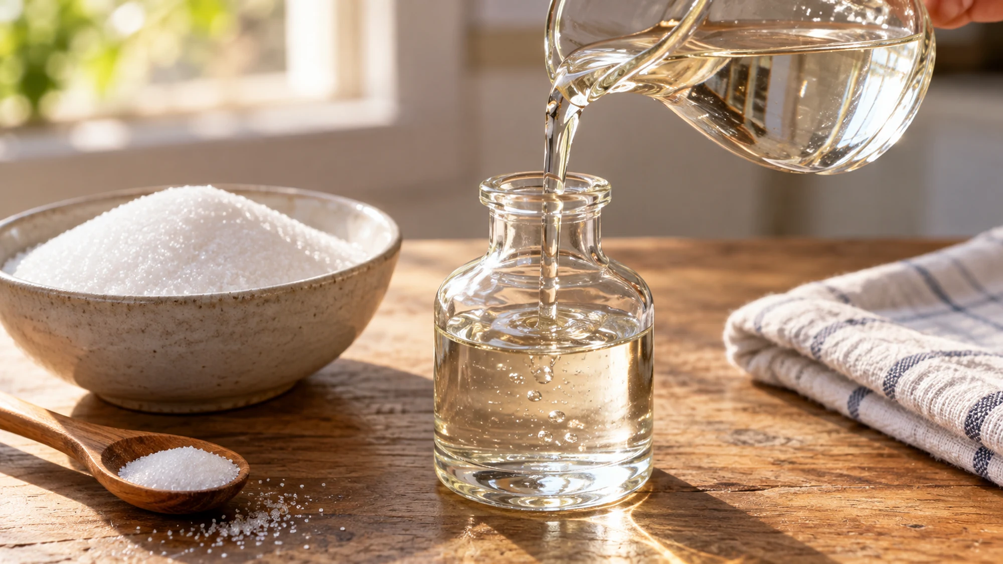 Close serving view of simple syrup recipe showing a clear glossy syrup stream pouring from a small glass jug