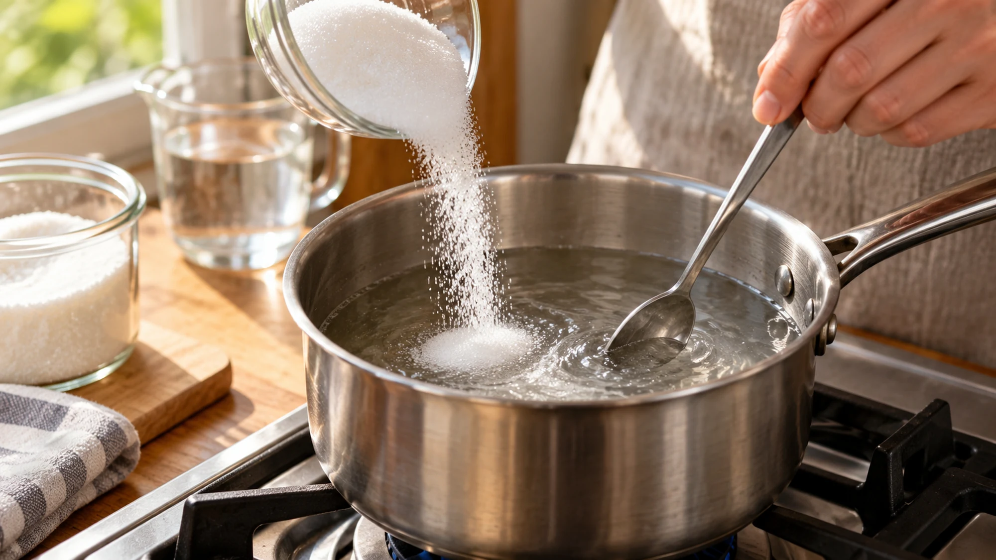 White granulated sugar stirred into water in a saucepan for simple syrup