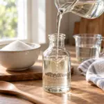 simple syrup recipe showing a clear glossy syrup stream pouring from a small glass jug