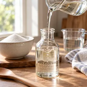 simple syrup recipe showing a clear glossy syrup stream pouring from a small glass jug