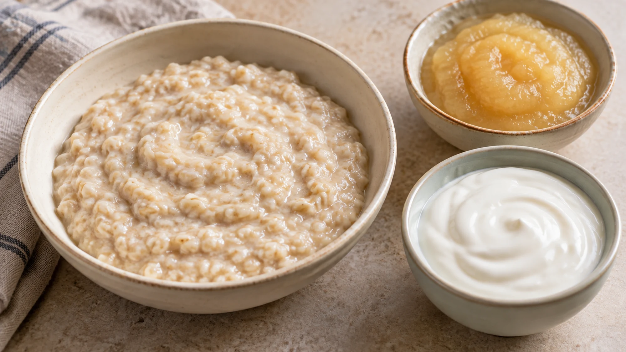 Soft oatmeal, smooth applesauce and plain yogurt served without crunchy toppings