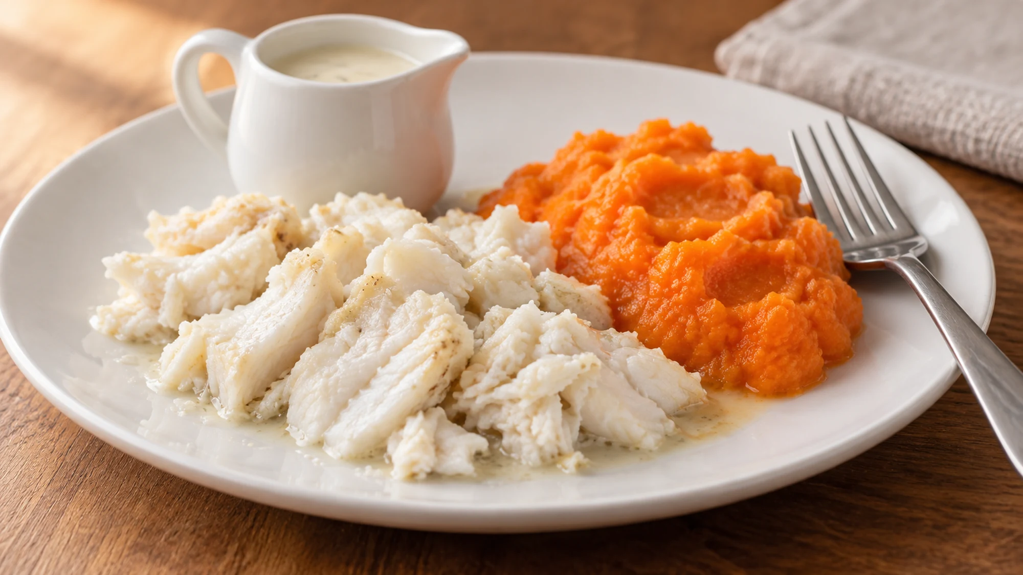 Tender boneless fish flakes and mashed carrots served with a smooth sauce