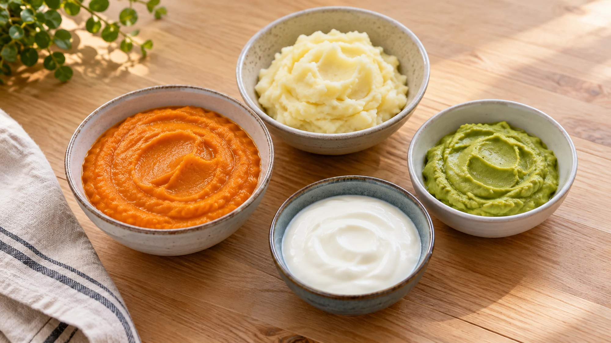 Separate bowls of lentil puree, mashed potatoes, mashed avocado and yogurt