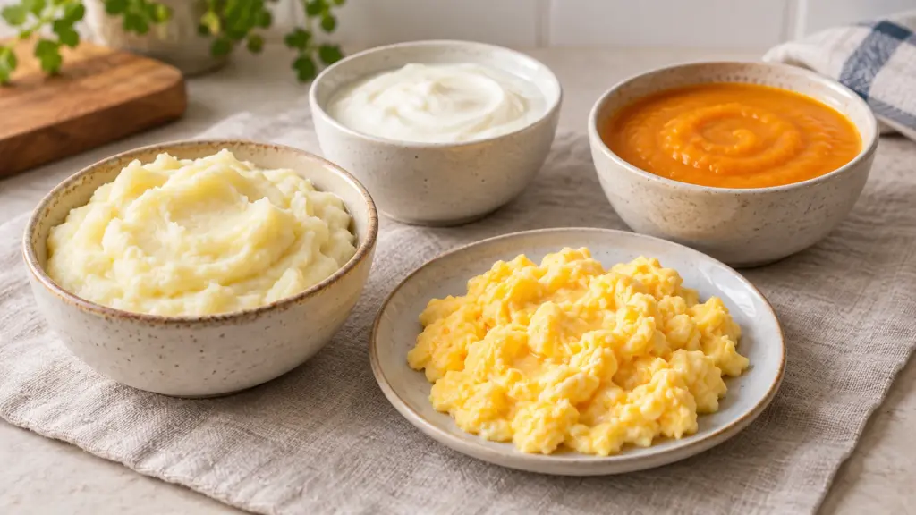 Mashed potatoes, smooth yogurt, softly scrambled eggs and carrot soup in separate dishes