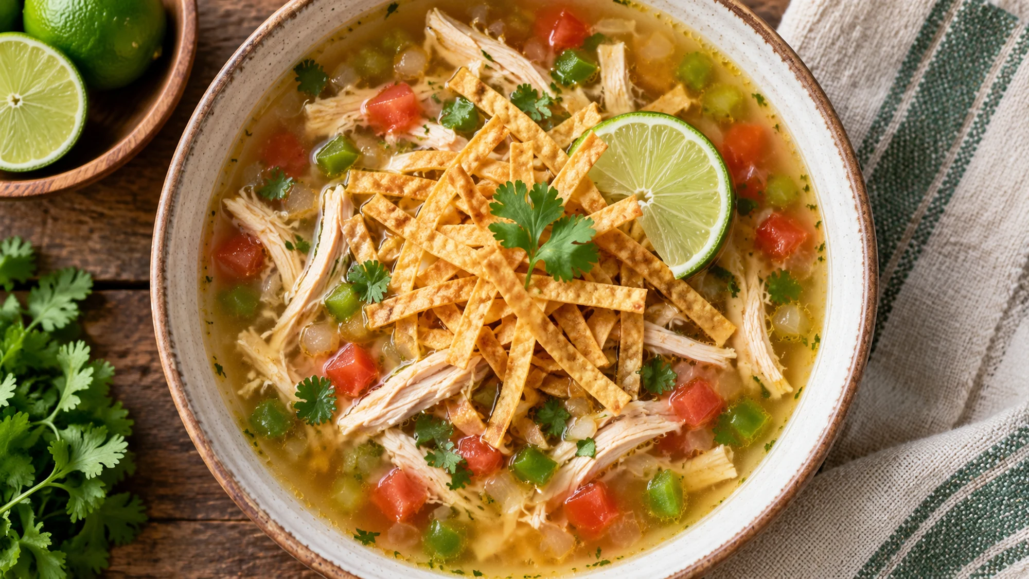 Overhead view of sopa de lima showing bright golden chicken broth and crisp golden tortilla strips