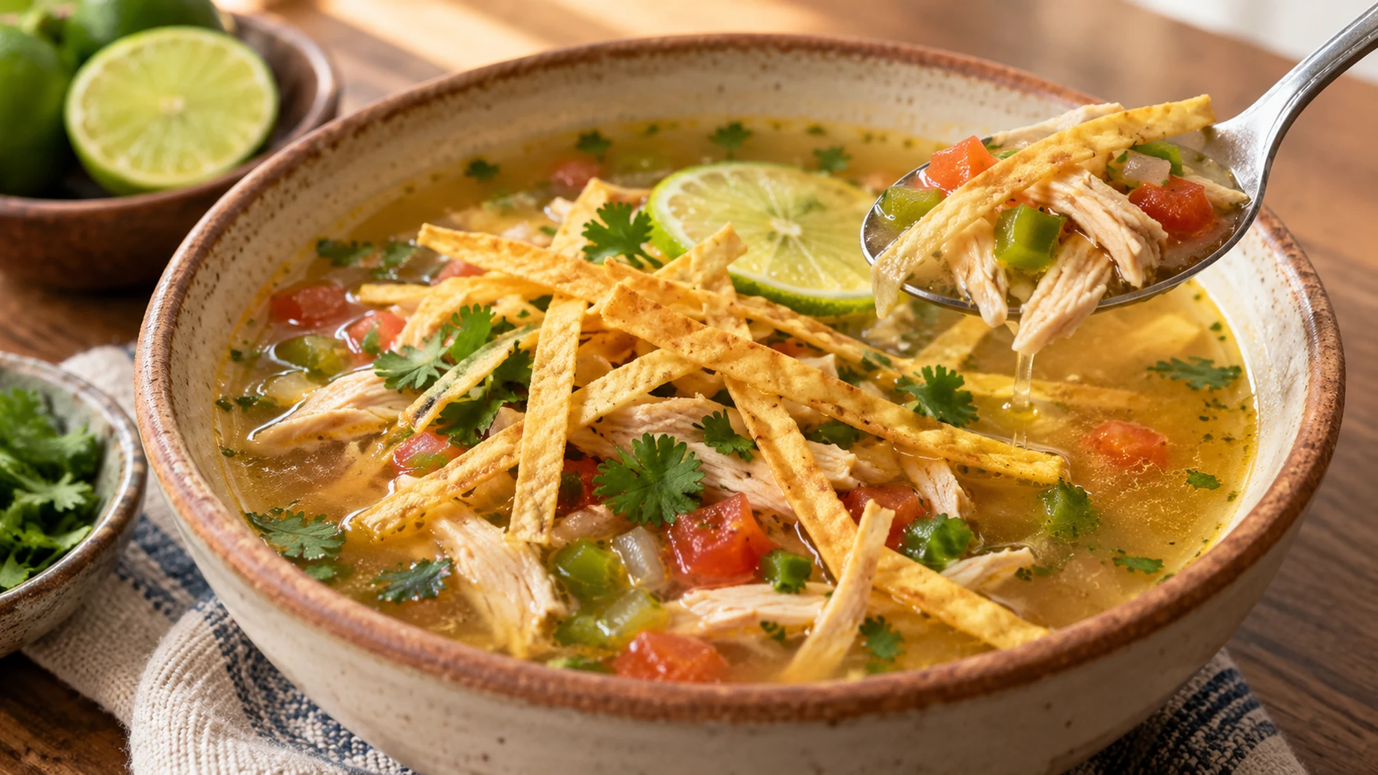 Close serving view of sopa de lima showing bright golden chicken broth and crisp golden tortilla strips