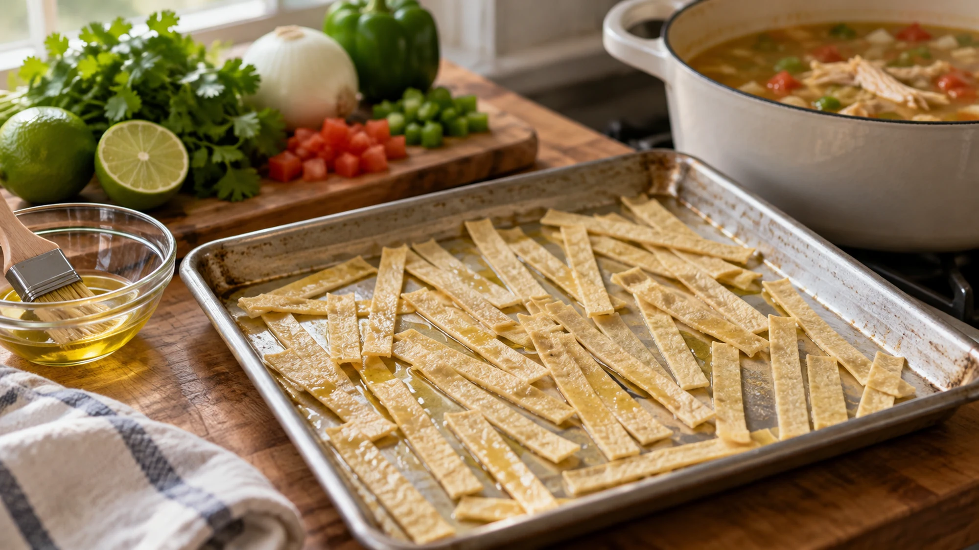 Thin corn tortilla strips brushed with oil on a tray for sopa de lima