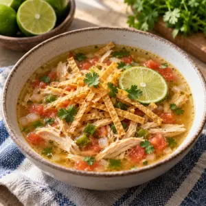 sopa de lima showing bright golden chicken broth and crisp golden tortilla strips