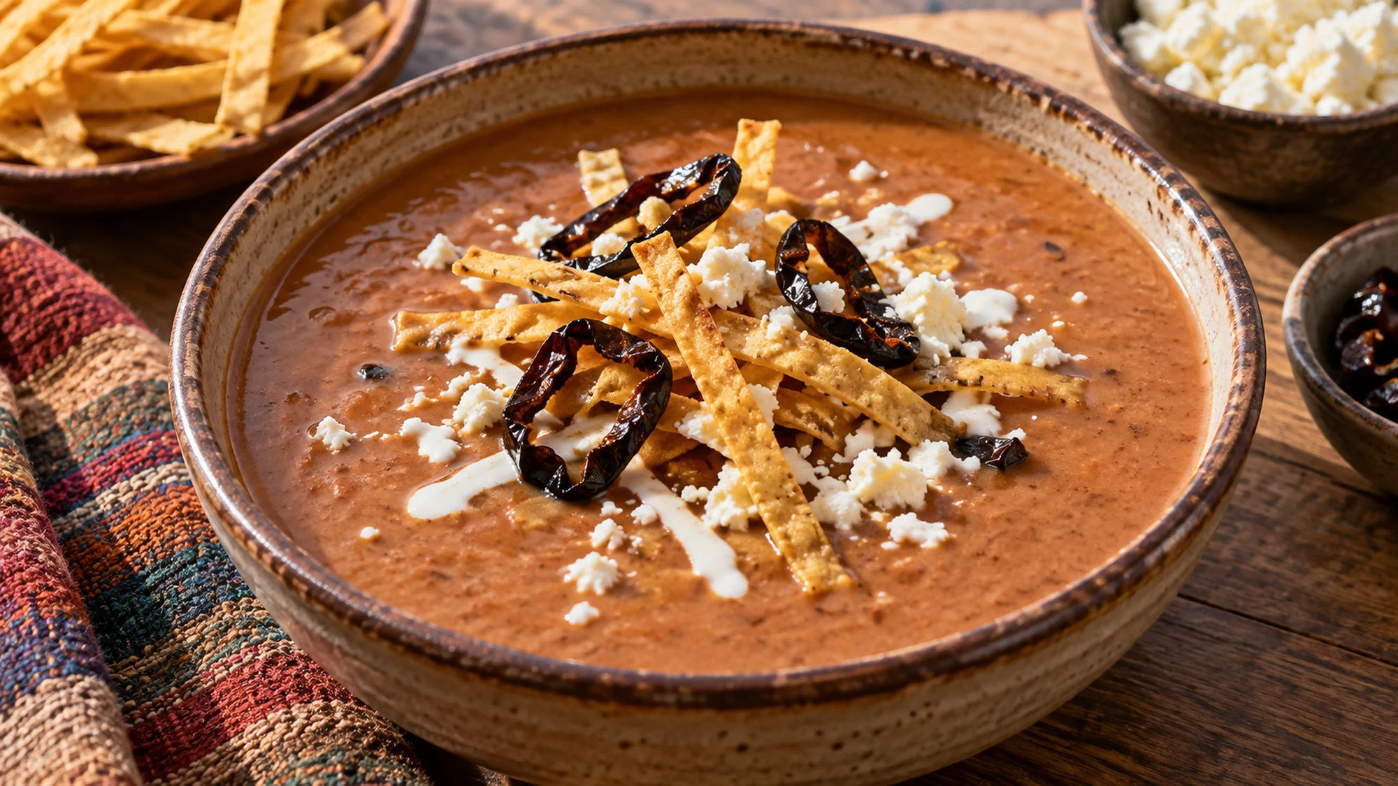 Close serving view of sopa tarasca showing smooth pinto bean soup with crisp tortilla strips and pasilla chile garnish