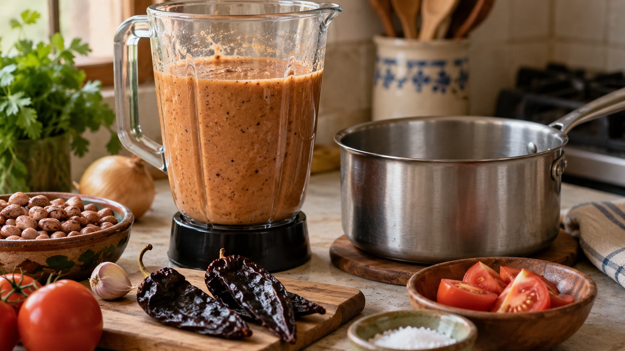 Blended pinto bean, tomato and pasilla chile base for sopa tarasca