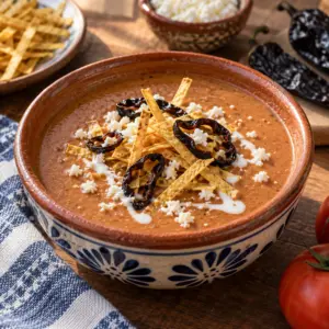 sopa tarasca showing smooth pinto bean soup with crisp tortilla strips and pasilla chile garnish