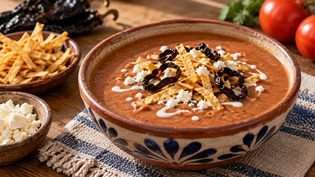 sopa tarasca showing smooth pinto bean soup with crisp tortilla strips and pasilla chile garnish