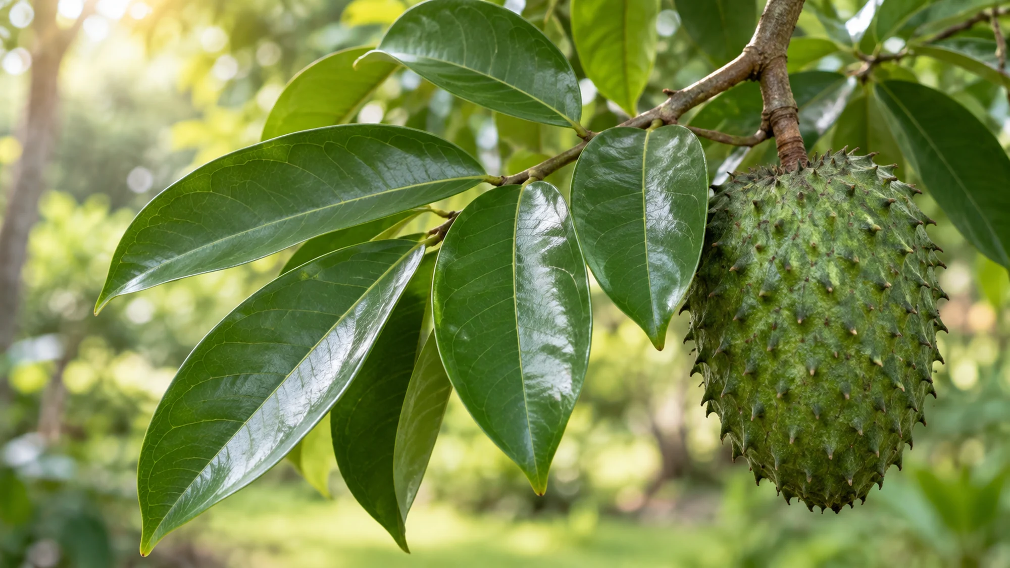 Soursop leaves and softly spiny fruit growing on a branch.