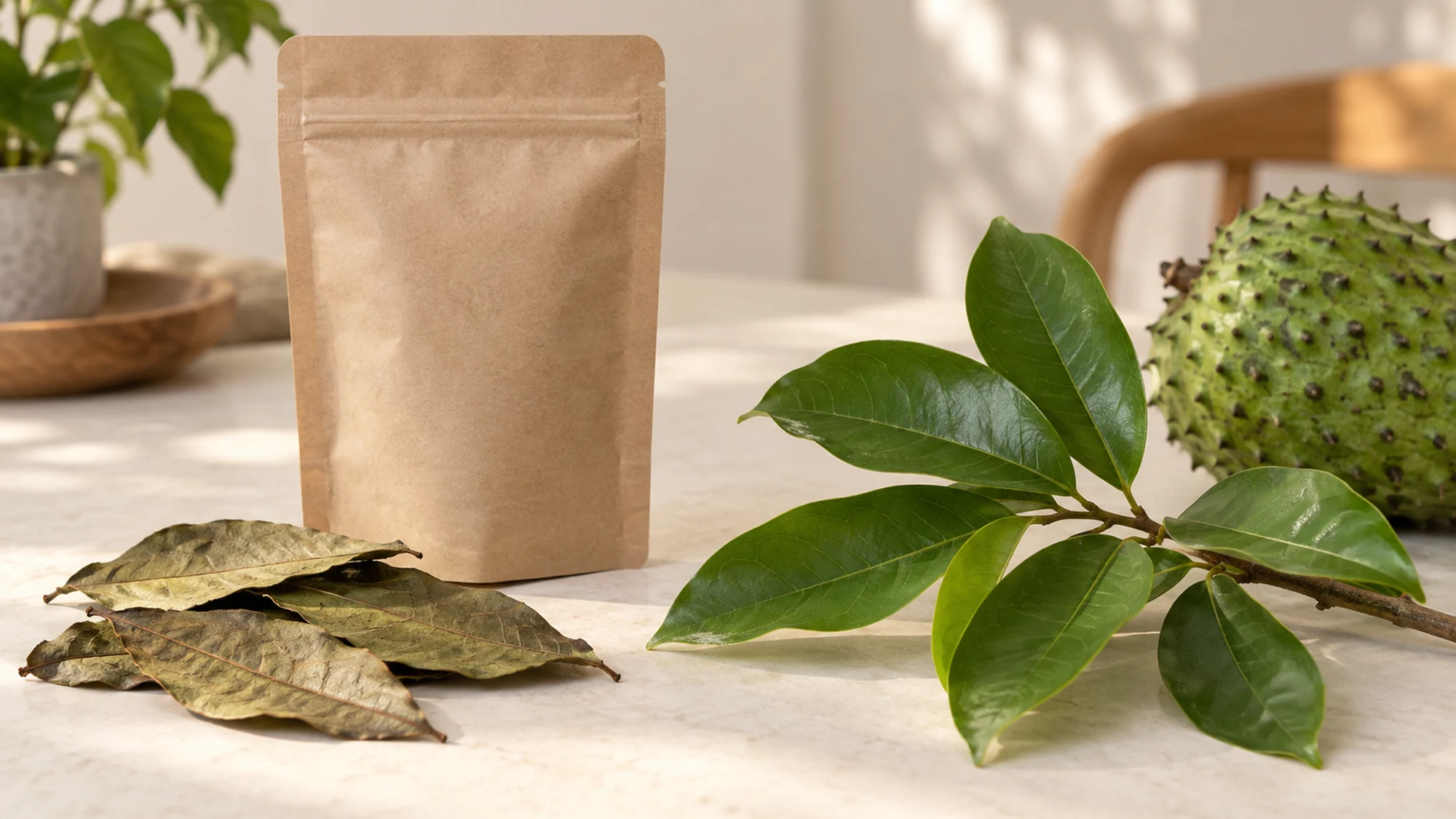 Plain closed herbal pouch beside dried soursop leaves and a fresh leafy twig.