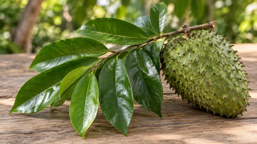 Glossy green soursop leaves on a twig beside a whole green soursop fruit.